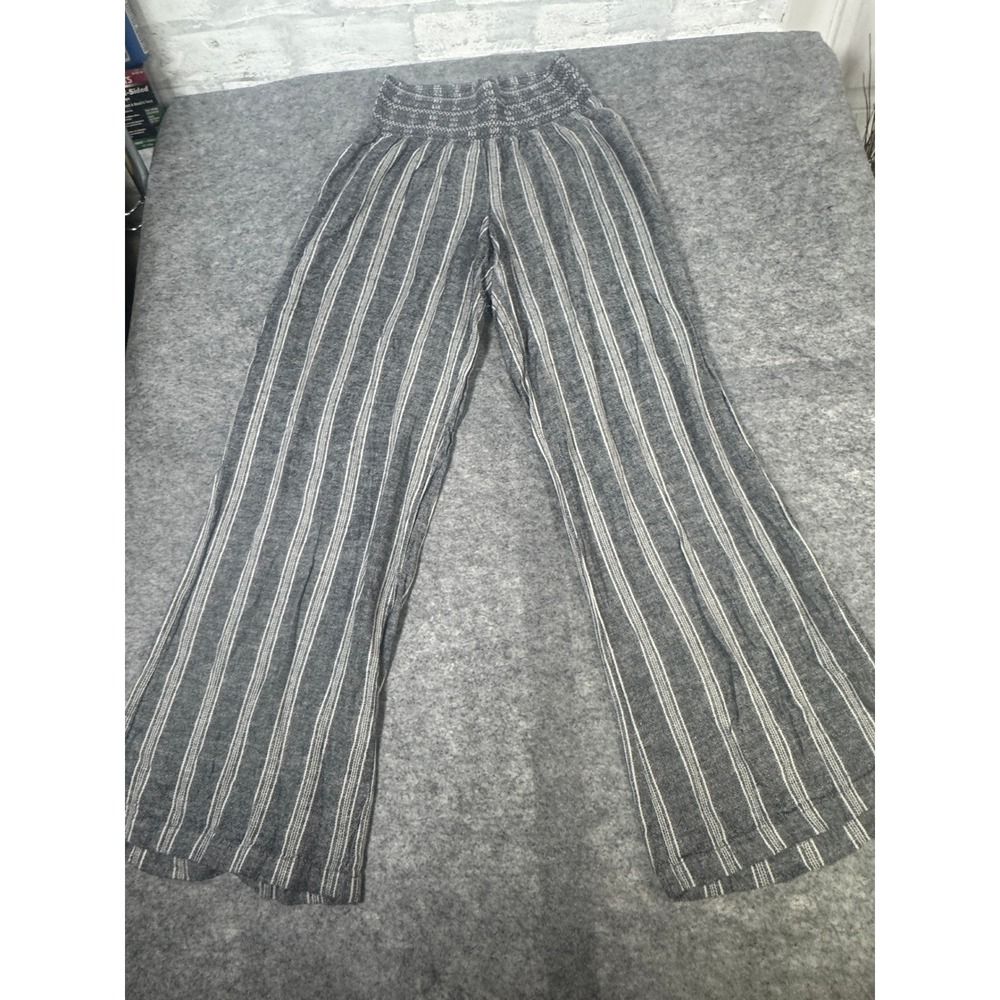 Rewash Grey White Striped Wide Leg Linen Blend Smocked Waist Pants Large